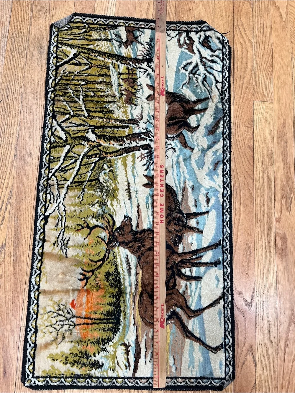 Vtg Deer Snow Woods Scene Tapestry Wall Hanging Table Runner 38.5x19.75 Cabin